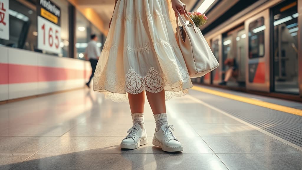 Lace skirt + sneakers: soft girl tapi still boleh kejar LRT